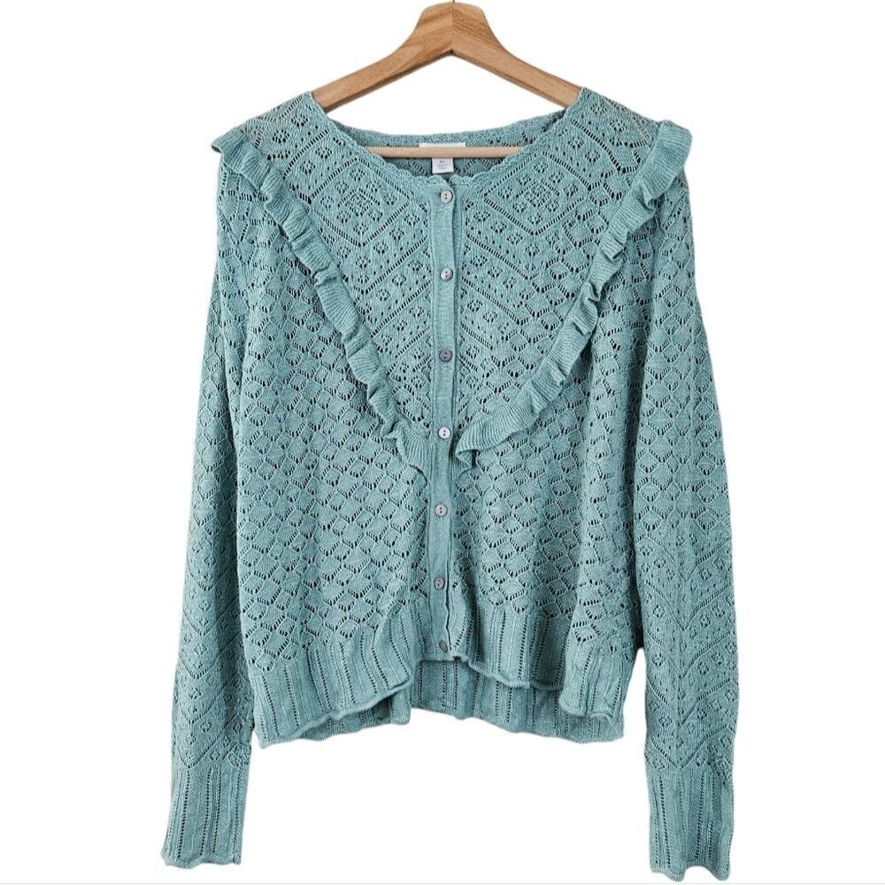 Sundance Emery Pointelle Demure Modest Eyelet Button Down Linen Cardigan XL NWOT